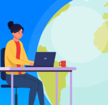 Woman at a desk with image of the earth behind her
